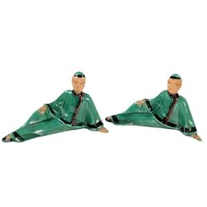 Vintage Ceramic Figurines Oriental Man Green Robe Asian Decor Pair